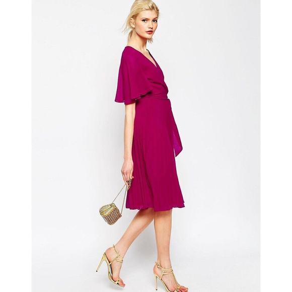 ASOS Pleated Wrap Midi Short Sleeve Dress Tie Waist in Cranberry - Picture 2 of 7